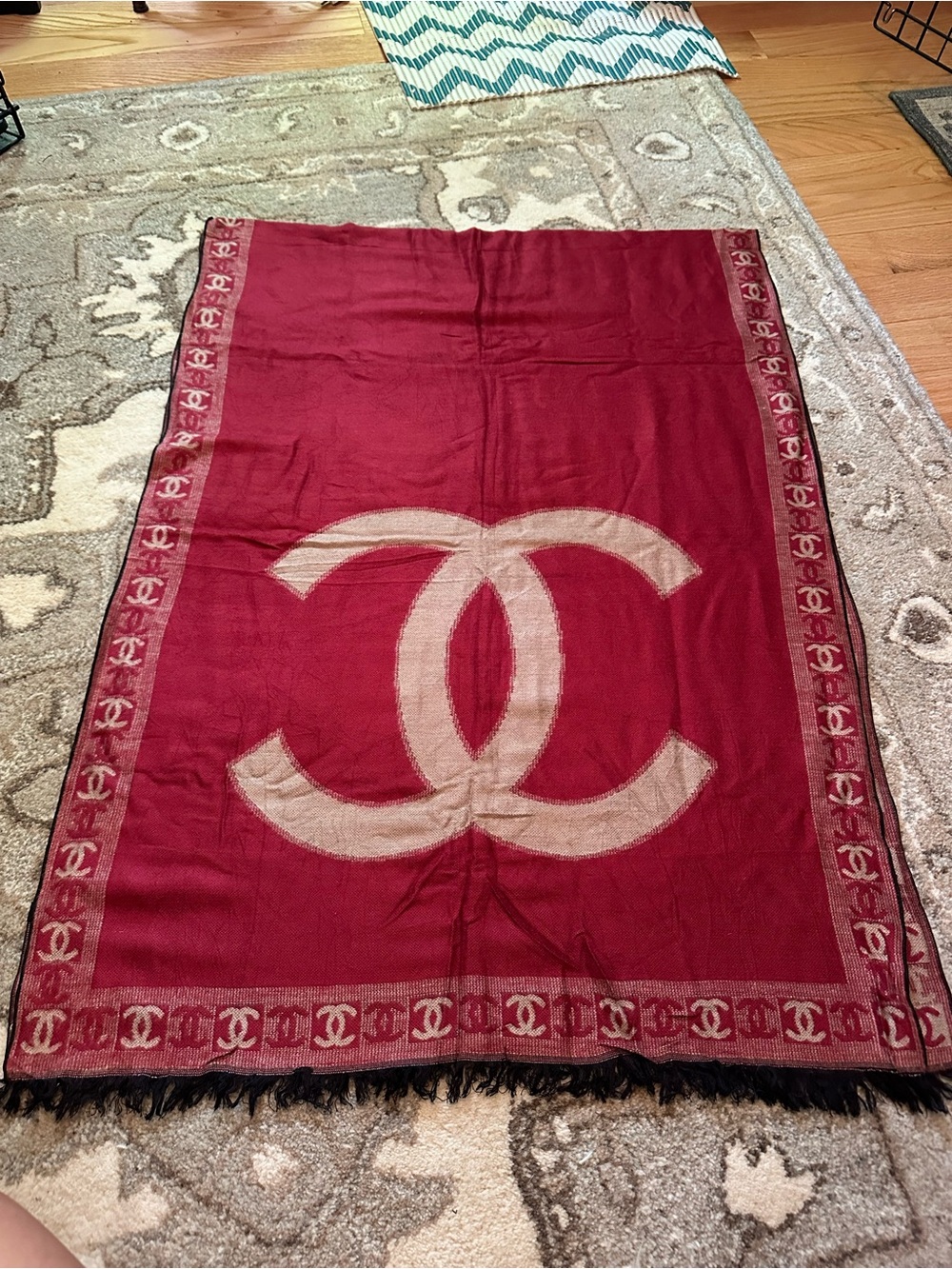Designer inspired Red Scarf with Beige Interlocking CC Motif